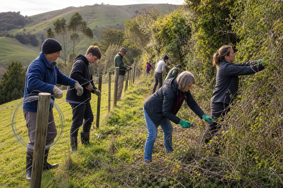Community crew repairing farm fences and removing Old Man’s Beard from regenerating bush edge
