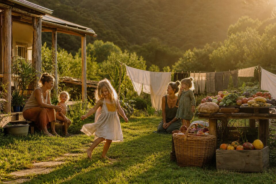 Children playing freely at NeighbourGood while mums look on, content and safe — washing on the line and organic food nearby