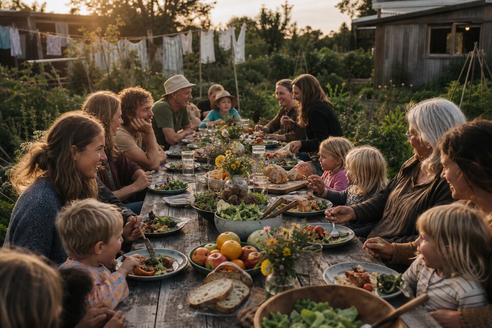 Multi-generational shared meal with abundant organic food at the NeighbourGood village