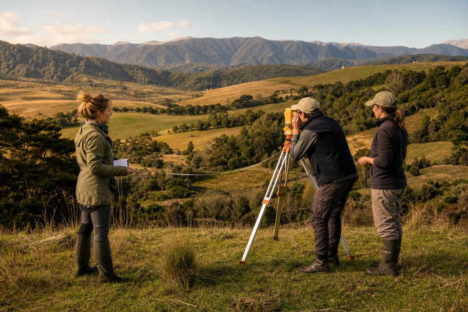 NeighbourGood stewards surveying rolling Golden Bay farmland — measuring sight lines and contours with a theodolite before any purchase decision