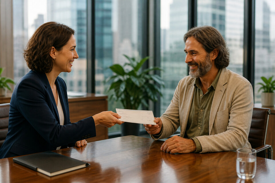 Impact investor in a city office handing a cheque to a NeighbourGood founding steward