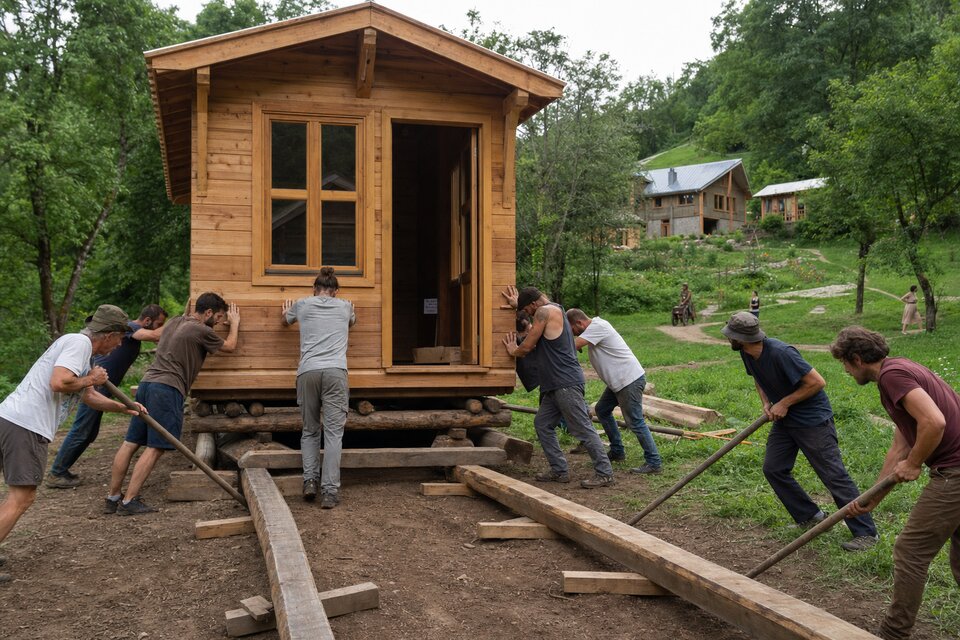 Villagers moving a newly built wooden cabin on rollers and timber rails to its prepared site