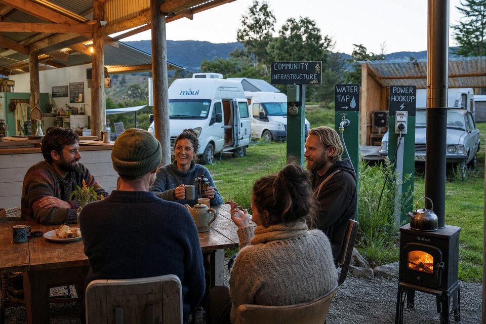 NeighbourGood Landing Zone camping area — people sharing stories around a garden table, campervans under corrugated shelters, community water and power hookups