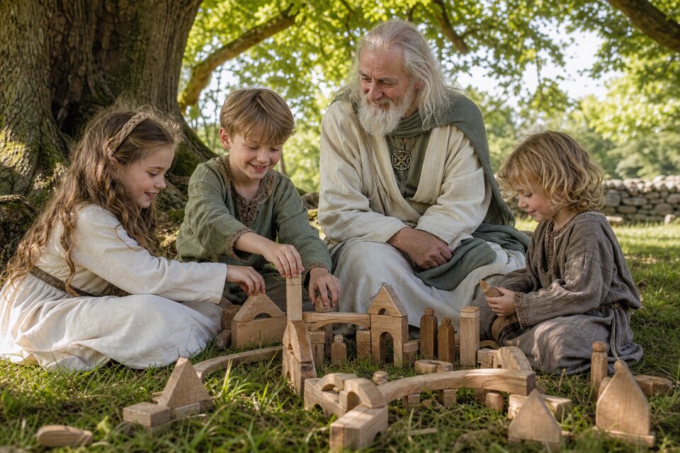 Children building wooden block models outdoors, supervised by a wise elder in earthy Celtic dress