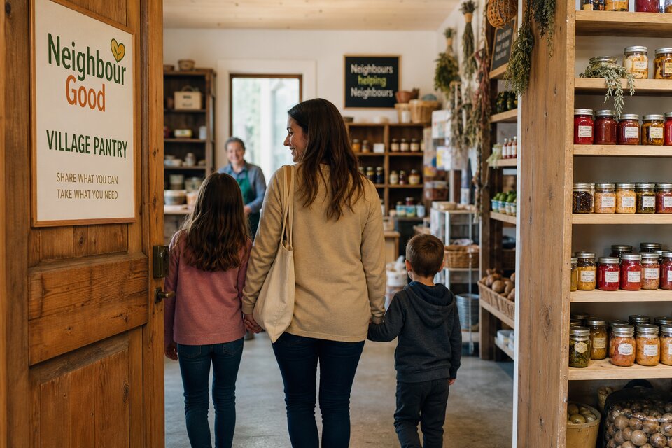 Mother and children entering a community pantry lined with home-made preserves