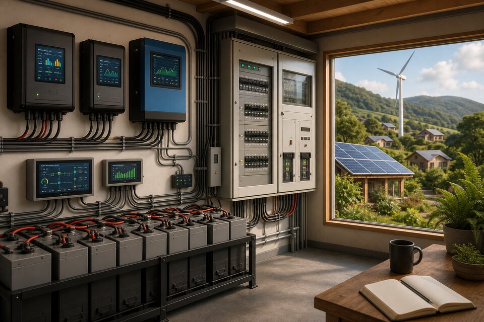 Eco-village power room with solar and wind inflows, batteries and status screens