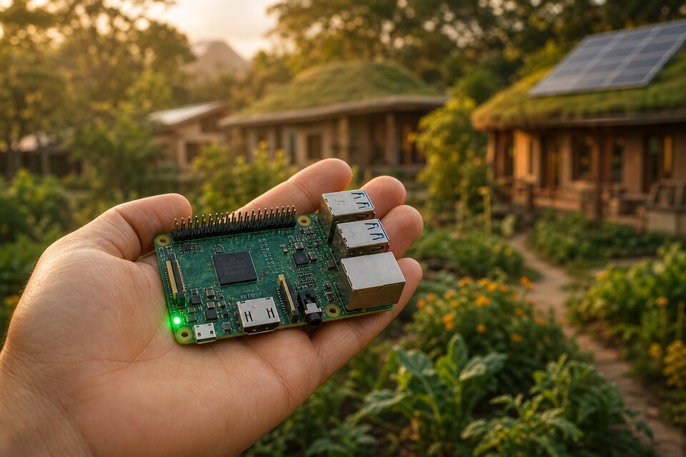 Raspberry Pi sized computer held in a gardener's hand